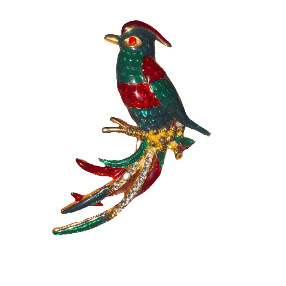 PARROT PIN BROOCH GOLD TONE ENAMEL RHINESTONES Vtg